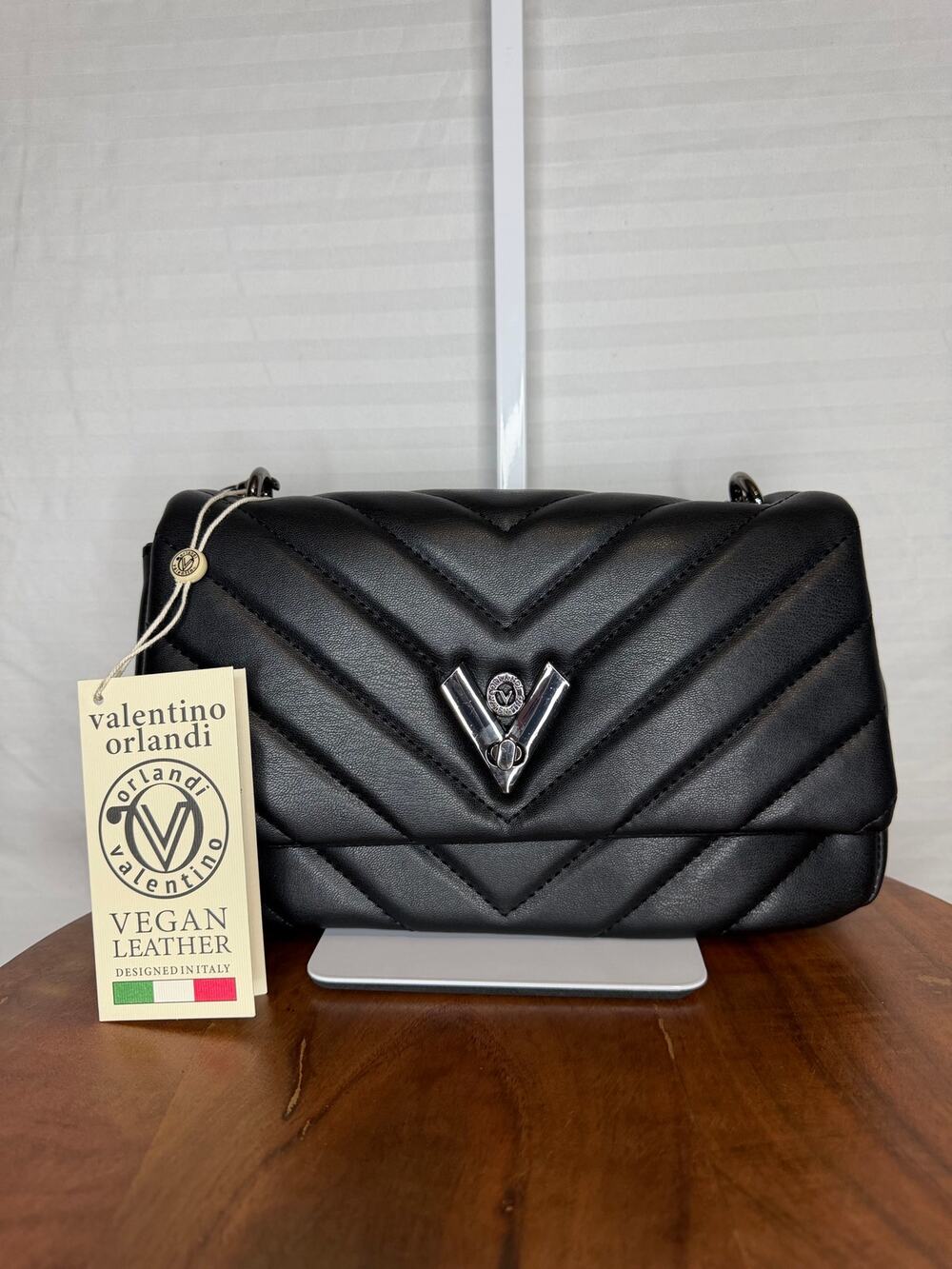 Valentino Orlandi Capricorn Chevron Crossbody Bag Black Gunmetal Chain NWT